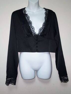 SHEIN Black Lace-Trim Cropped Blouse XL 12